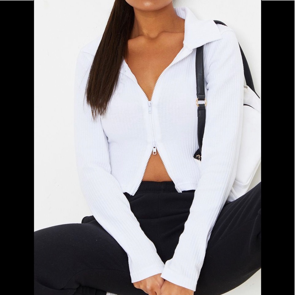 White Jumbo Rib Polo Collar Double Zip Top